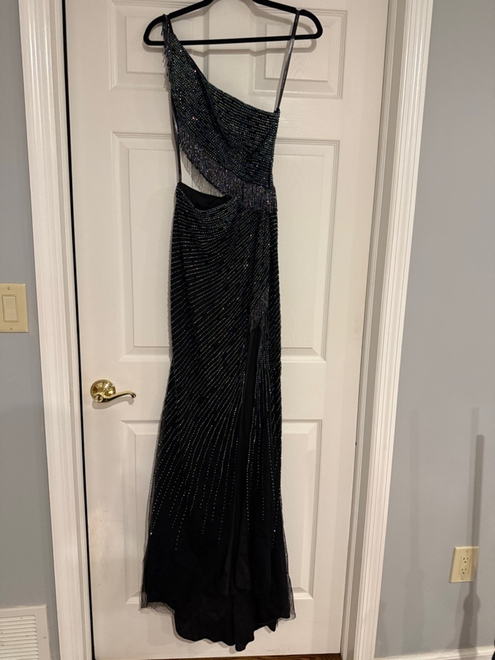 Rachel Allan Black Beaded One-Shoulder Evening Gown